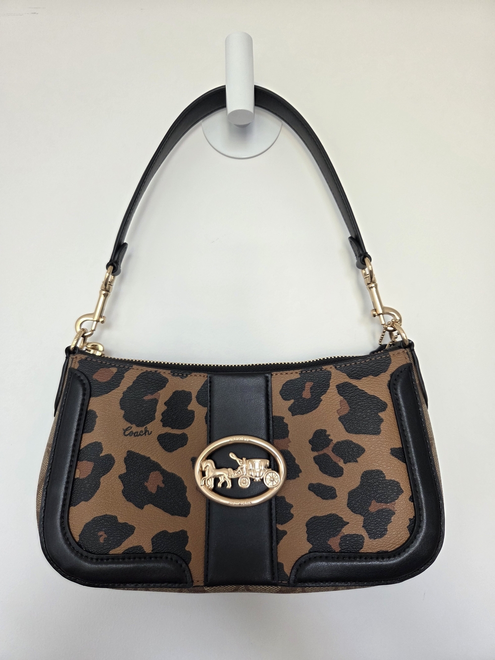 Coach Brown and Black Leopard Mini Shoulder Bag with Gold Hardware